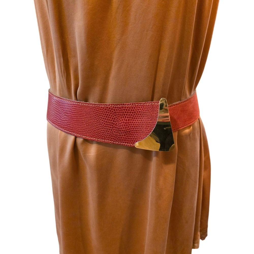 Carlson Vintage Red Leather Lizard Embossed Suede Belt Gold Modernist Buckle L